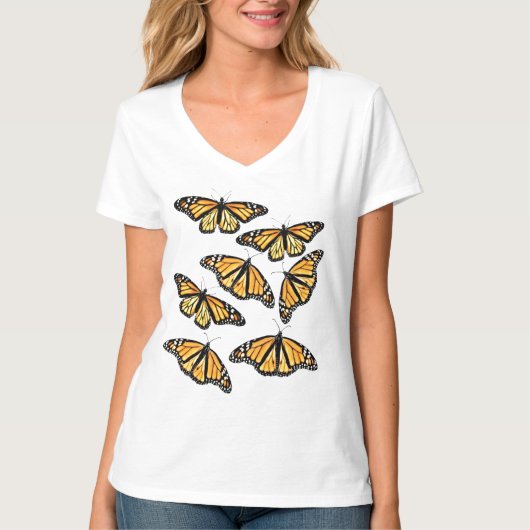 レディースVネックTeeたくさんの(昆虫)オオカバマダラ、モナーク Tシャツ (正面)