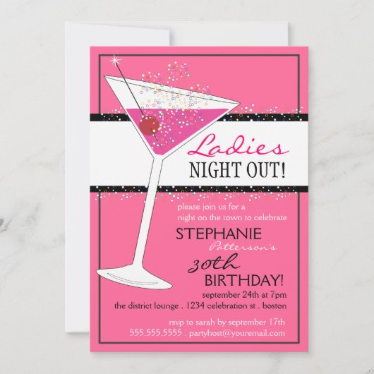 レディーズナイトアウトマルティーニピンク誕生祝い 招待状 (正面)