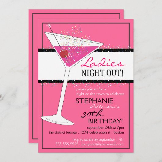 レディーズナイトアウトマルティーニピンク誕生祝い 招待状 (正面/裏面)