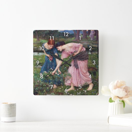 レディーズピッキングバラ、ジョン・ウィリアム・ウォーターハウス スクエア壁時計 (ホーム)