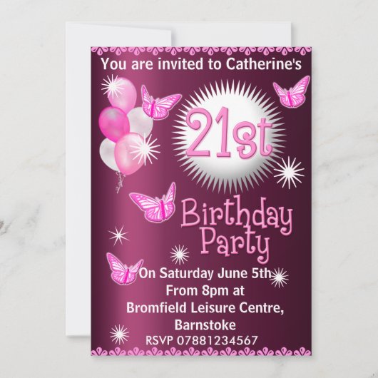 レディーズ21ストバースデーパーティの招待状ピンク 招待状 (正面)