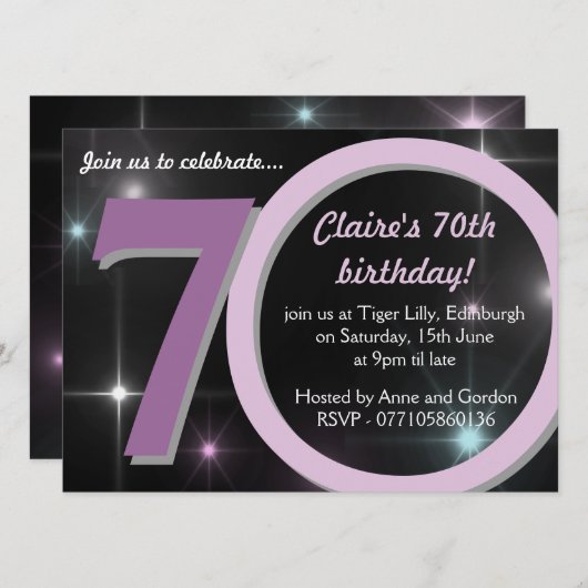 レディーズ·ピンク/パープル·セブティート70歳の誕生日パーティー 招待状 (正面/裏面)