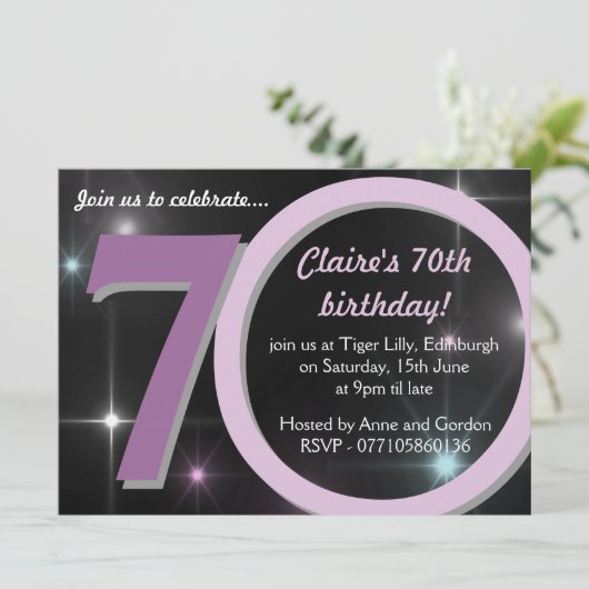 レディーズ·ピンク/パープル·セブティート70歳の誕生日パーティー 招待状 (スタンド正面)
