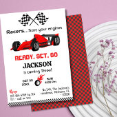 レディーセットゴー！赤いレーシングカー モダン 3歳誕生日 招待状