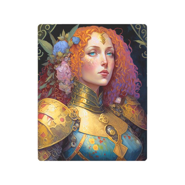 レディーナイトウォーリアマーアーマーファンタジーアート メタルプリント (正面)