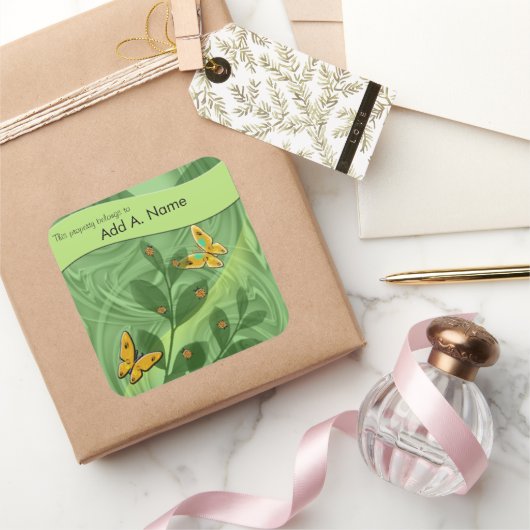 レディーバグと蝶の緑のテンプレート スクエアシール (ギフト)