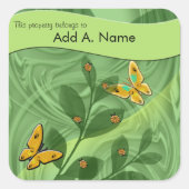 レディーバグと蝶の緑のテンプレート スクエアシール (正面)