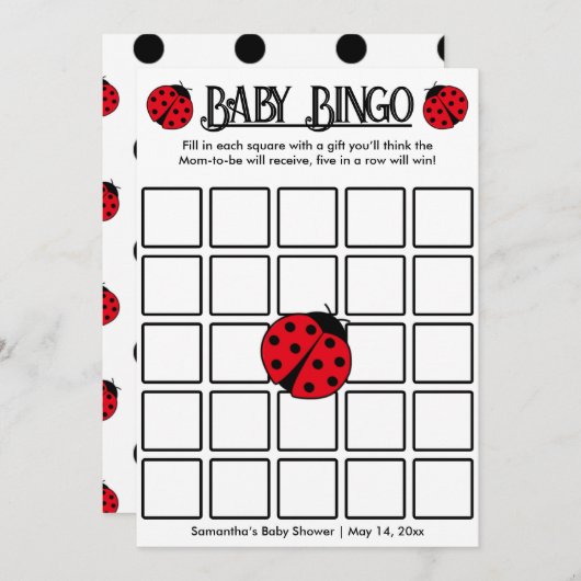 レディーバグのレトロ水玉模様,ベビービンゴゲームカード 招待状 (正面/裏面)