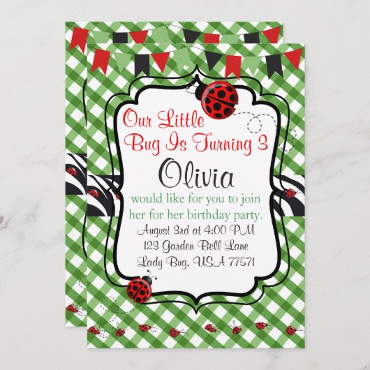 レディーバグガーデンティーアンドケーキパーティの招待状 招待状 (正面/裏面)