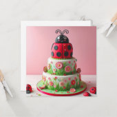 レディーバグ及び花子供の誕生日ケーキ カード (正面/裏面インサイチュ)