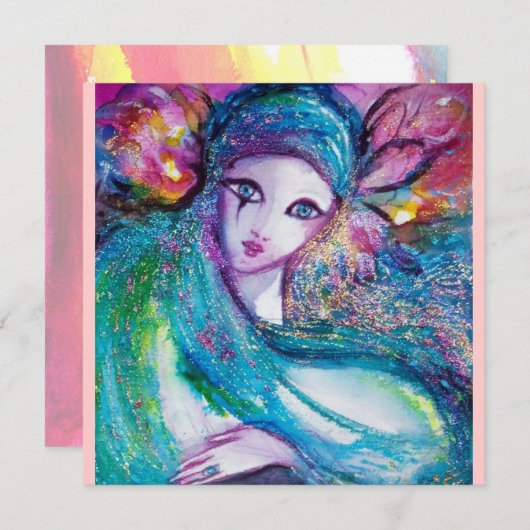 レディーブルーマスクマスカレードパーティーピンクティール（緑がかった色）招待状 招待状 (正面/裏面)