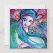 レディーブルーマスクマスカレードパーティーピンクティール（緑がかった色）招待状 招待状 (正面)