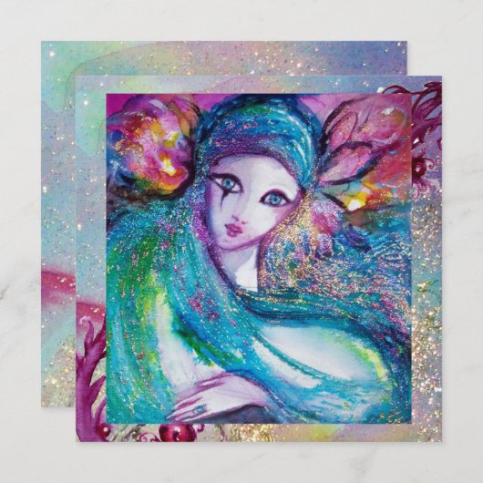 レディーブルーマスクヴェネツィアエレガントマスカレードパーティー 招待状 (正面/裏面)