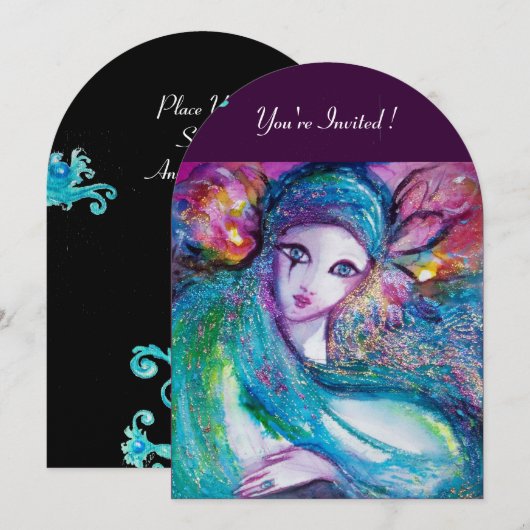 レディーブルーマスク エレガントマスカレードパーティー、ターコイズ ブラック 招待状 (正面/裏面)