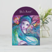 レディーブルーマスク エレガントマスカレードパーティー、ターコイズ ブラック 招待状 (スタンド正面)