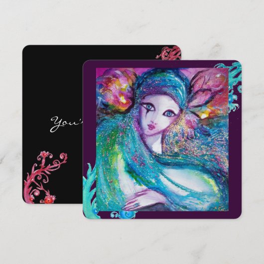 レディーブルーマスク エレガントマスカレードパーティー、ターコイズ ブラック 招待状 (正面/裏面)