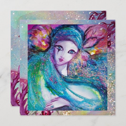 レディーブルーマスク・マスカレードパーティーフラワースパークル 招待状 (正面/裏面)