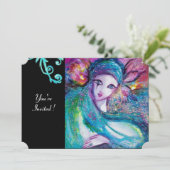 レディーブルーマスク・マスカレードパーティー、ターコイズの花の渦巻き 招待状 (スタンド正面)