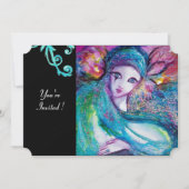 レディーブルーマスク・マスカレードパーティー、ターコイズの花の渦巻き 招待状 (正面)