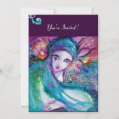 レディーブルーマスク・マスカレードパーティー、ピンク、ターコイズ、ブラック 招待状 (正面)