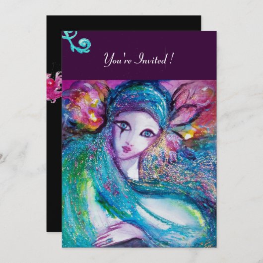 レディーブルーマスク・マスカレードパーティー、ピンク、ターコイズ、ブラック 招待状 (正面/裏面)