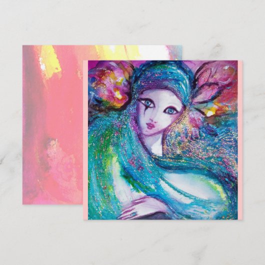 レディーブルーマスク・マスカレードパーティー ピンク ティール ご招待 招待状 (正面/裏面)