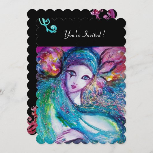 レディーブルーマスク・マスカレードパーティー、赤い渦巻き 黒 招待状 (正面/裏面)