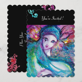 レディーブルーマスク・マスカレードパーティー、赤い渦巻き 黒 招待状