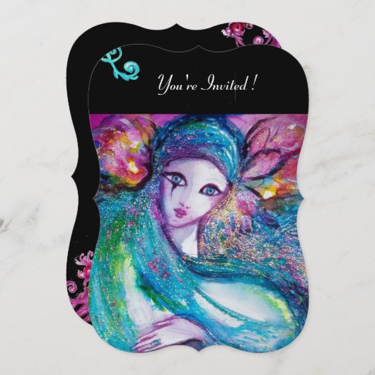 レディーブルーマスク・マスカレードパーティー、赤と黒の花柄 招待状 (正面/裏面)