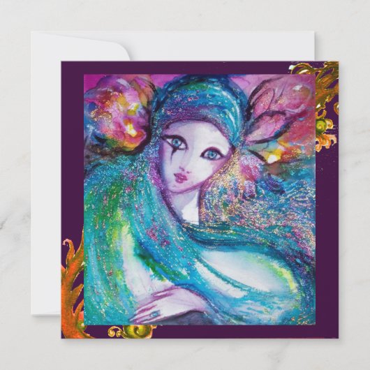 レディーブルーマスク 赤と黄色の渦巻き マスカレードパーティー 招待状 (正面)