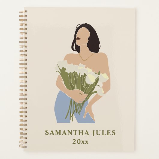 レディーホールディングブーケオブフラワーズグリーン抽象芸術アート プランナー手帳 (正面)