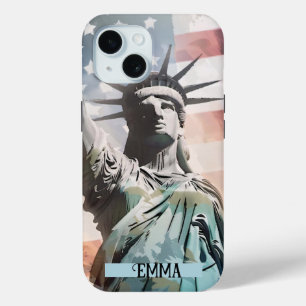 レディーリバティとアメリカ国旗の名前をカスタムする iPhone 15ケース
