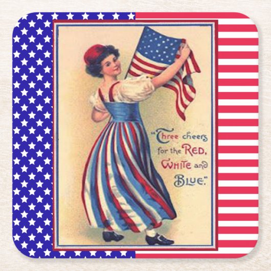 レディーリバティ7月4日愛国国旗 スクエアペーパーコースター (正面)
