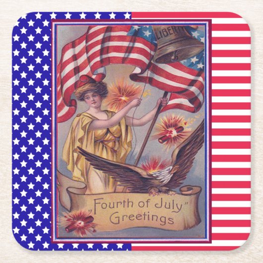 レディーリバティ7月4日愛国国旗 スクエアペーパーコースター (正面)