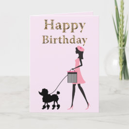 レディ歩くブラックプードルハッピーバースデー シーズンカード