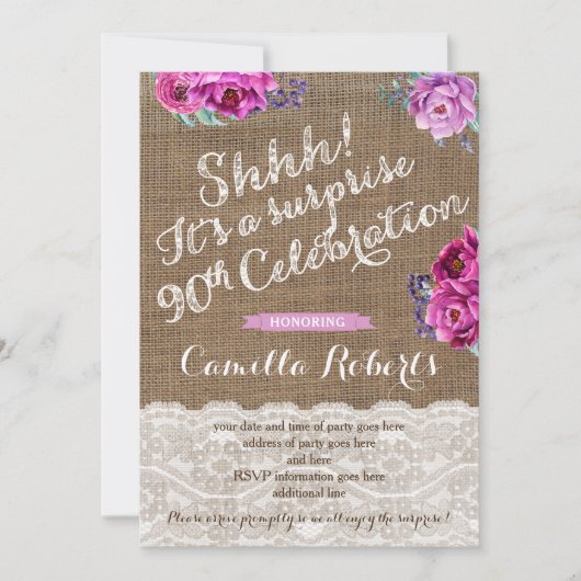 レディ90thサプライズ誕生日パーティーの招待状 招待状 (正面)