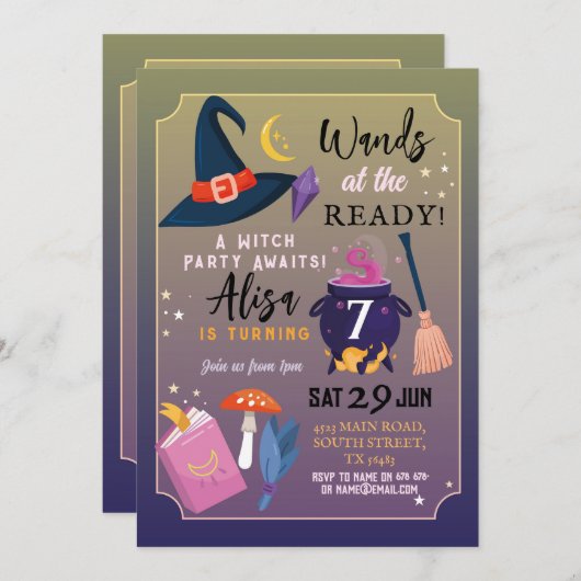 レディ・ガールズピンクで魔女の誕生日パーティーが行く 招待状 (正面/裏面)