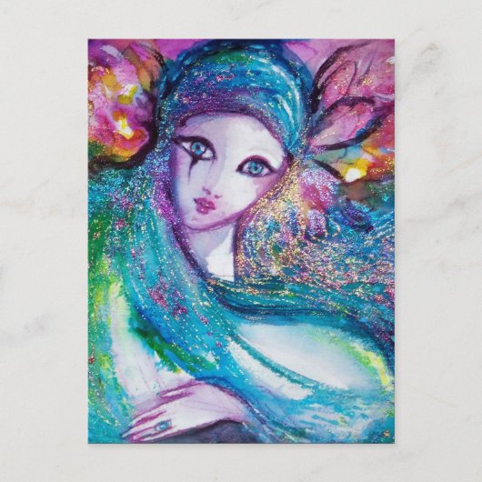 レディ ブルー マスク エレガント マスカレード パーティー インビテーションポストカード (正面)