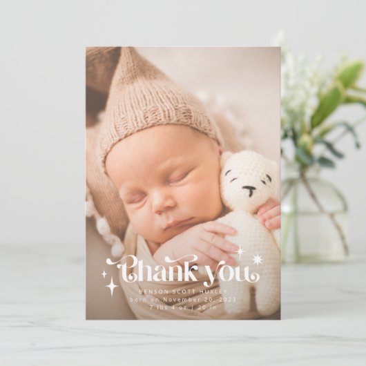 レトロありがとうございますオーバーレイ写真誕生のお知らせ 案内状 (スタンド正面)