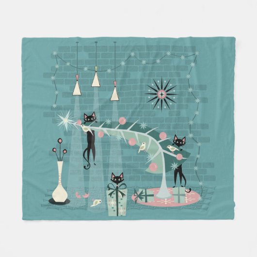 レトロいけな子猫クリスマス フリースブランケット (正面(横))