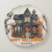 レトロおもしろいな不気味なハロウィン幽霊のよく出るハウス ラウンドクッション (裏面)