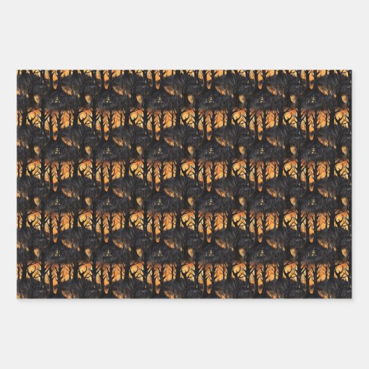 レトロおもしろいな不気味なハロウィン幽霊のよく出るフォレスト ラッピングペーパーシート (正面3)