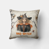 レトロおもしろいな不気味なハロウィーンかわいい女の子の悪い魔女 クッション (裏面)