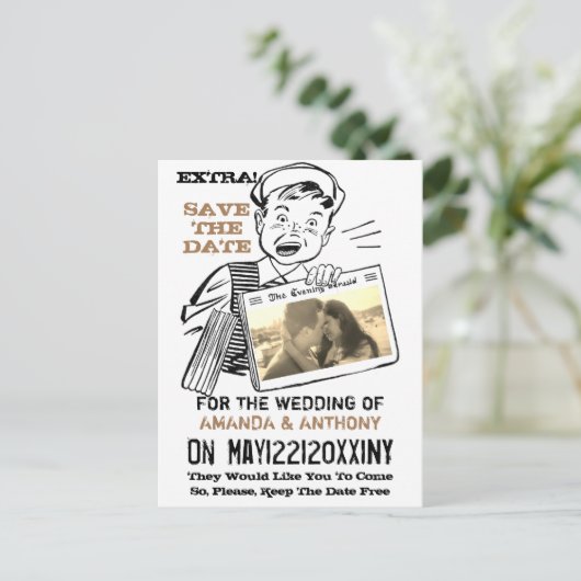 レトロおもしろいカスタムな写真の保存日付 インビテーションポストカード (スタンド正面)