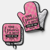 レトロおもしろいキッチンことわざピンク 鍋つかみ&鍋敷きセット (正面/裏面)