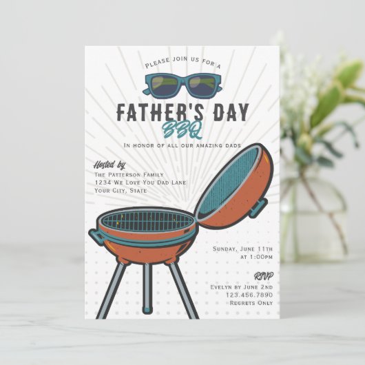 レトロおもしろいグリルサングラスファーザーズデイBBQパーティー 招待状 (スタンド正面)