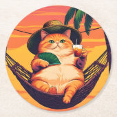 レトロおもしろいサマーキャットバケーション ラウンドペーパーコースター (正面)