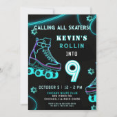 レトロおもしろいネオングローローラスケート誕生日 招待状 (正面)