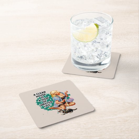 レトロおもしろいハウスマイドピアアップガールアート スクエアペーパーコースター (インサイチュ)