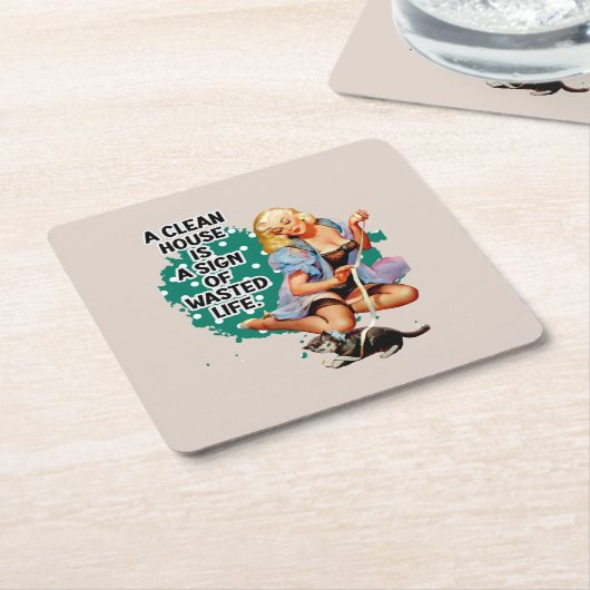 レトロおもしろいハウスマイドピアアップガールアート スクエアペーパーコースター (アングル)